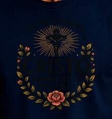 Camiseta Jesus Cristo Cruz Religiosa Fé Amor Natureza Floral 100% Algodão Estampa DTF Premium - Azul Marinho - Visão 2