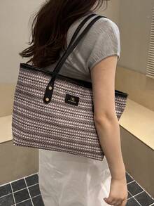 2026新款女款波點蝴蝶結印花大容量休閒單肩手提腋下托特包 - 黑色 - 查看 5