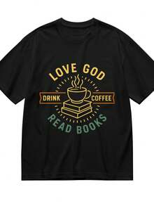 Love God Drink Coffee Read Books Lovers Vintage T-Shirt For Women Men Cotton Short Sleeve Crew Neck Graphic Top Tee - 黑色 - 查看 1