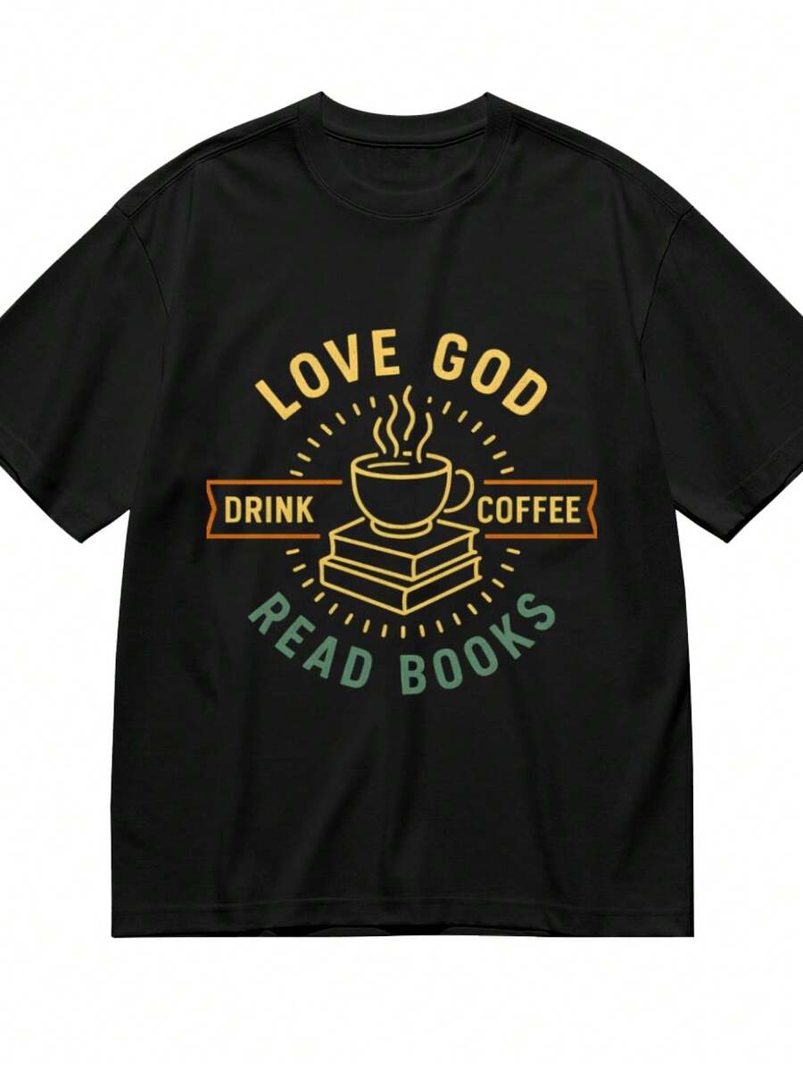 Love God Drink Coffee Read Books Lovers Vintage T-Shirt For Women Men Cotton Short Sleeve Crew Neck Graphic Top Tee - 黑色 - 查看 1