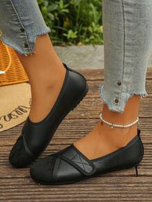 Women's Comfortable Soft Sole Fashion Patchwork Slip-On Round Toe Black Loafers Casual Style Summer Daily Wear Shopping Work Black Driving Loafers Plus Size Women's Flat Shoes Fall Shoes - Black Lychee Pattern With Black Velvet Finish - View 5