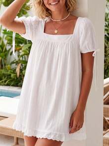 Short Sleeve Maternity Dress For Women Square Neck A-Line Mini Ruffled Dresses For Daily Shopping Office Travel - White - View 4