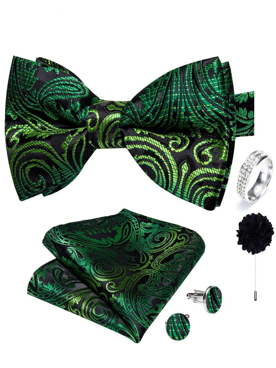 Set Aksesori Pria Jacquard Paisley Hijau 5 Buah, Dasi Kupu-kupu, Sapu Tangan Saku, Manset, Cincin, Bunga Kancing Jas, Pola Manset Acak, Untuk Pengantin Pria Pernikahan - Hijau - View 1
