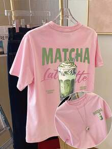 ZZG Es Trus 夏季大尺碼女款「MATCHA Latte」圖案印花街頭 Y2K 風格粉色圓領短袖 T 恤上衣休閒款 - 粉色 - 查看 2