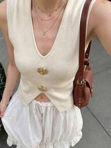 2026 Women's New V-Neck Sleeveless Fitted Short Knit Vest, With 3D Large Gold Decor Button, Front & Side Hollow Design, Relaxed Fit Sexy Style, Suitable For Daily Wear, Cafe, Work, Short Date, Vacation Summer - Apricot - View 11