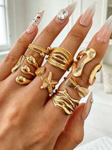 Juego de 7 piezas de anillos de diseño exquisito, de moda, vintage, único y versátil con motivos de concha, lazo y geométricos, joyería para mujer para uso diario, vacaciones, fiestas y regalo - Multicolor - Ver 8