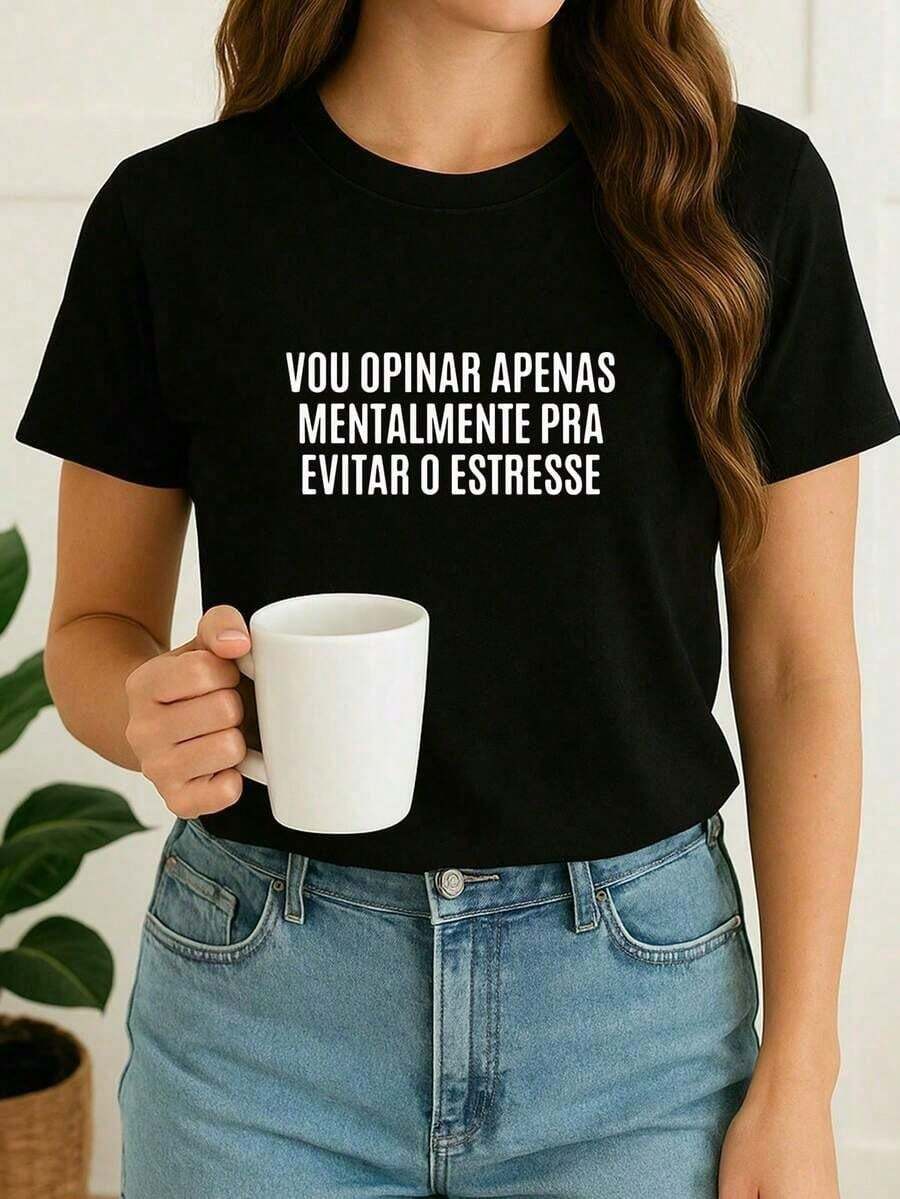 Camiseta de Mujer con Frases Divertidas 'Solo Daré Mi Opinión Mentalmente Para Evitar el Estrés' - Negro - Ver 1
