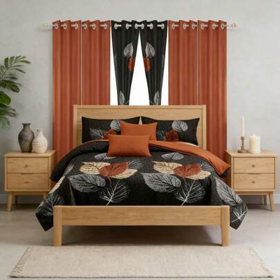 Reylox Moisture-Wicking 9 Piece Brown & Black Leaf Bedding Set Bamboo-Microfiber Blend For Christmas & New Year Gifting, Complete With Pillowcases Bedspread Curtains For Farmhouse Bedroom Dorm Queen/King/Full