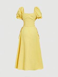 MOD Vestido de longitud media con cuello cuadrado, mangas de pétalo y cintura con lazo en unicolor para mujer - Multicolor - Ver 6