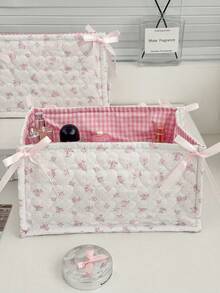 Lace Sweetheart Series Fabric Storage Basket, French Style Gentle Bow Decor, Thickened Quilted Design, Multi-Purpose Desktop Organizer For Home, Dorm, Students - Multicolor - View 4