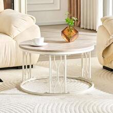 Round Coffee Table With Wood-Effect Top And Metal Frame, Modern Living Room Table With Geometric Iron Structure, Stable Round Side Table, Approx. 70 X 40.5 Cm - 白色 - 查看 4