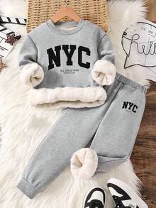 Tween Boy Letter Print Warm Crew Neck Sweatshirt And Sweatpants - Grey - View 1