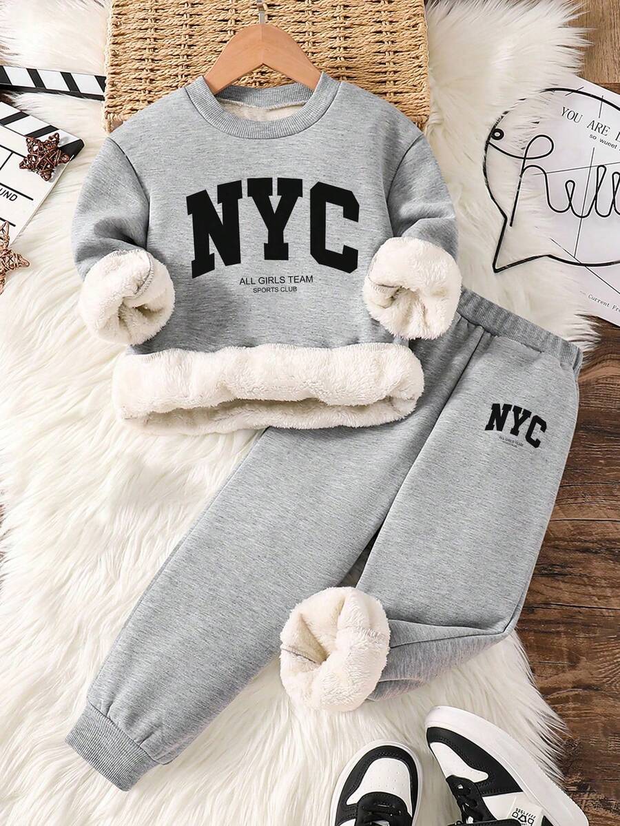 Tween Boy Letter Print Warm Crew Neck Sweatshirt And Sweatpants - Grey - View 1