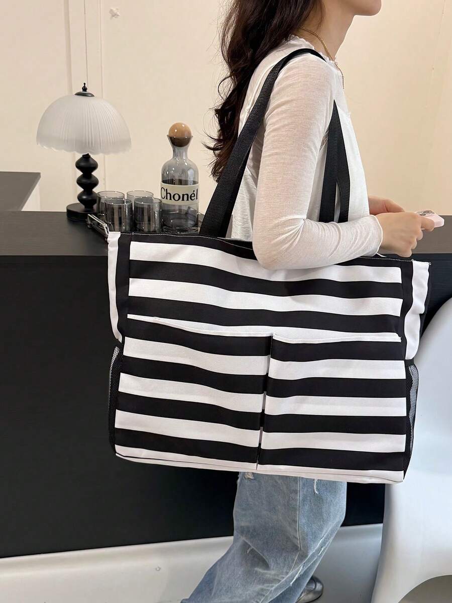Bolso de lona de gran capacidad para mujer, bolso de hombro a rayas para ir al trabajo y hacer compras - Negro - Ver 1