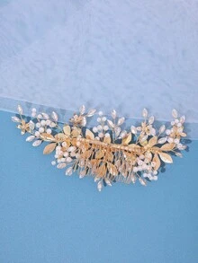 1件優雅手工珍珠花朵髮梳，鮮紅水晶飾品，新娘婚禮頭飾，派對生日公主髮飾 - 彩色 - 查看 7