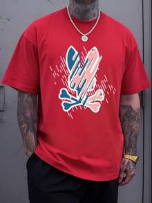 Gráfico Abstracto de Calavera y Huesos Entrelazados con Líneas Vibrantes en Colores Pastel, un Símbolo de Mortalidad y Rebelión, Camiseta Casual de Algodón para Hombre - Rojo - Ver 1