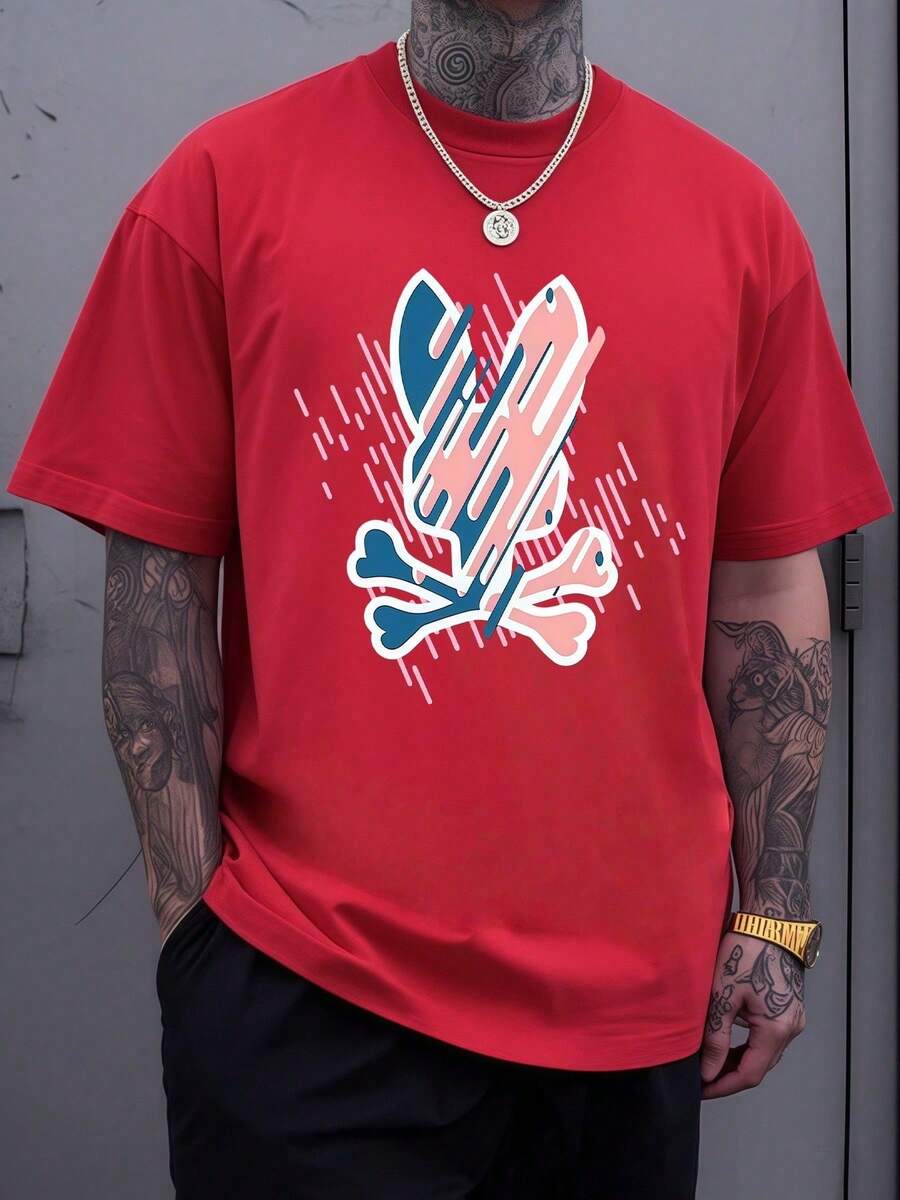Gráfico Abstracto de Calavera y Huesos Entrelazados con Líneas Vibrantes en Colores Pastel, un Símbolo de Mortalidad y Rebelión, Camiseta Casual de Algodón para Hombre - Rojo - Ver 1
