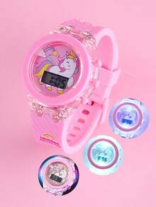 1/7pcs Cute Girls Silicone Watch Unicorn, Rainbow Horse Pattern LED And Five-Leaf Clover Jewelry - Pink - View 6