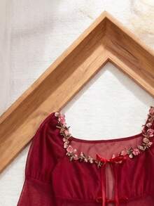 Women's Deep V-Neck Tie Puff Sleeve Floral Embroidered Pajama Set, Romantic Vintage Style, Valentine's Day - Red - View 5