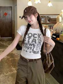Printed Slim-Fit Versatile Short Sleeve T-Shirt Top For Women Casual White Summer - White - View 7