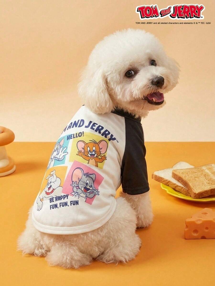 TOM & JERRY X PETSIN 1 peça T-shirt para animais de estimação com estampado de desenho animado em emenda preta e branca, ajuste elástico e confortável, tecido respirável, excelente para gatos e cães, um visual elegante para o dia a dia cheio de personalidade - Multicolorido - Ver 1