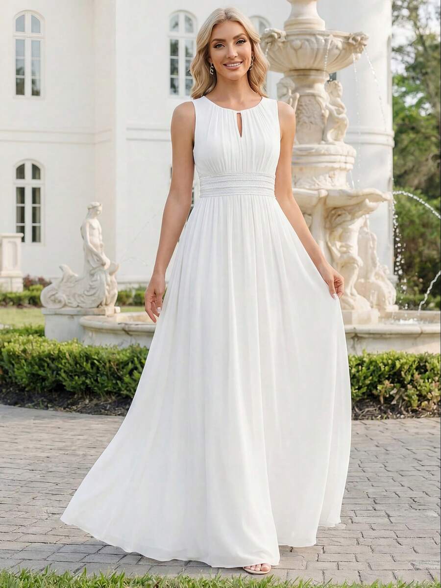 Romantic Chiffon Backless Ruffle Detail Bridesmaid Dress White Wedding