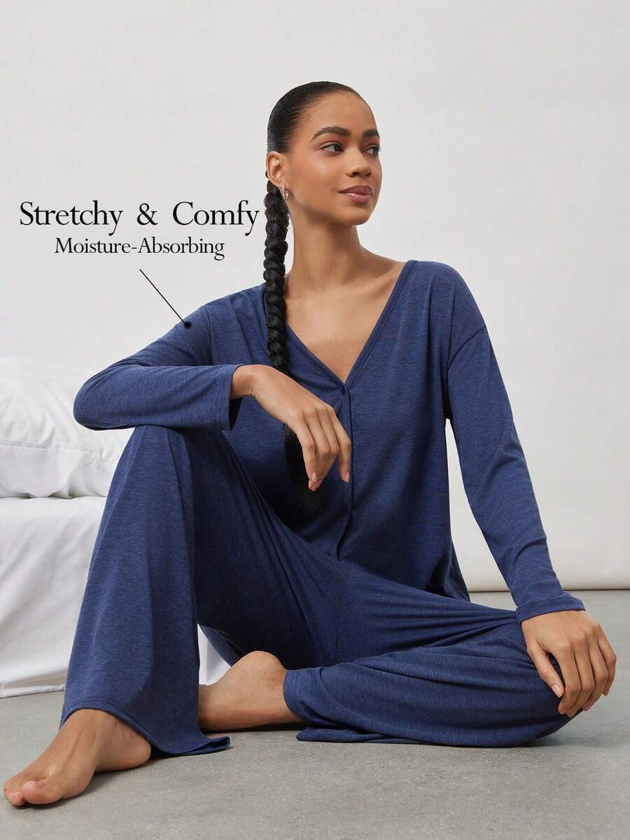 Ocili Conjunto de ropa de estar en casa minimalista y cómodo para mujer, con cuello en V holgado, ropa de invierno - Azul marino - Ver 1
