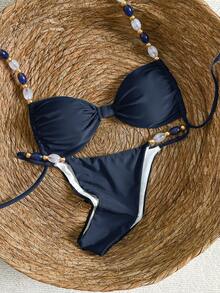 Bikinx Women's Back Tie Bikini Set, Bohemian Style Contrast Color Beaded Shoulder Straps, Suitable For Beach Vacation Summer - Royal Blue - View 6