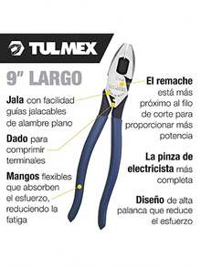TULMEX D215-9 Pinza de Alta Palanca con Ponchadora y Jalaguía Corte Potente y Preciso Agarre Ergonómico Herramienta para Electricista de 9" Acero Forjado de Mayor Resistencia - Azul - Ver 5