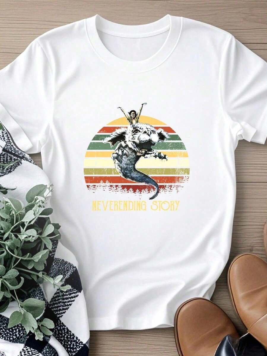 Oversize Camiseta Estampado Criatura Peluda Retro Cuello Redondo Básica Estilo Vintage Juvenil Moda Streetwear Y2K Aesthetic Top Novedad - Blanco - Ver 1