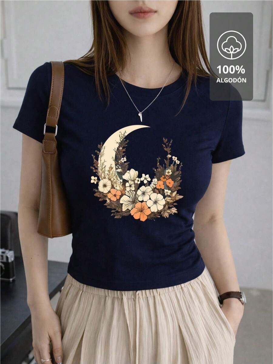 SHENDY VENDY Women's T-Shirt, 100% Cotton, Short Sleeves, Round Neck, Soft And Comfortable. Botanical Design With A Floral Crescent Moon, Natural And Elegant Style. - 藏蓝色 - 查看 1
