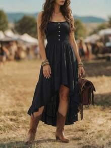 Holidaya Vestido de mujer de longitud media con cintura ceñida, estilo bohemio casual para vacaciones, con parte delantera corta y parte traser - Azul marino - Ver 5