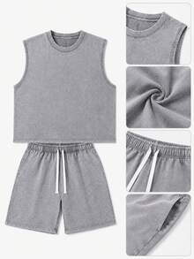 Summer Für Herren, Lockeres Baumwolle Tanktop und Shorts Set Mit Front Krebs Und "Salty Line Crew" Grafikdruck, Mehrere Farben Verfügbar, Casual Top Für Strandurlaub Und Alltag Outfit - Grau - Übersicht 4