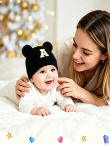 1件裝新生兒字母帽 熊耳朵嬰兒帽 男嬰女嬰幼兒帽 0-3個月嬰兒針織帽 - 黑色 - 查看 3