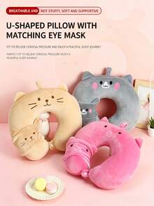 1 Set de Almohada de Cuello Premium para Viajes y Máscara para Dormir, Material de Felpa Cómodo, Relleno de Soporte, Patrón de Animales de Dibujos Animados Lindos, Cierre con Botón de Presión, Incluye Máscara para Ojos que Bloquea la Luz, Adecuado para Viajes de Larga Distancia, Desplazamientos y Siestas en la Oficina - Multicolor - Ver 3