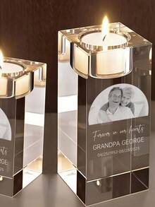 1pc Custom Laser Engraved Square Crystal Candle Holder, Personalized Upload Photo & Text Memorial Keepsake Tealight Holder, Funeral Condolence Gift For Family Grandparent, Desktop Home Decor. - Multicolor - View 3