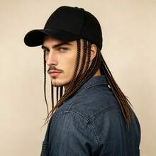 European American Men Integrated Cap & Wig, Adjustable Hip Hop Small Braids Baseball Cap - Black - View 3