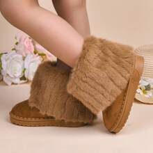 Girls' Faux Fur Ankle Snow Boots, Warm Lining Non-Slip Thick Sole Winter Ankle Boots, Children's Casual Cold-Proof Shoes - Brown - View 2