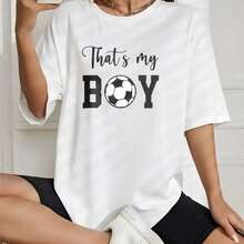 verano para mujer, con estampado de balón de fútbol "That's My Boy", cuello redondo, manga corta, estampado de letras, holgada, casual y versátil, para uso diario, playa, fiesta, vacaciones. - Blanco - Ver 1
