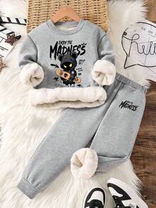 Tween Boy Cartoon Print Warm Crew Neck Sweatshirt And Sweatpants - Grey - View 1