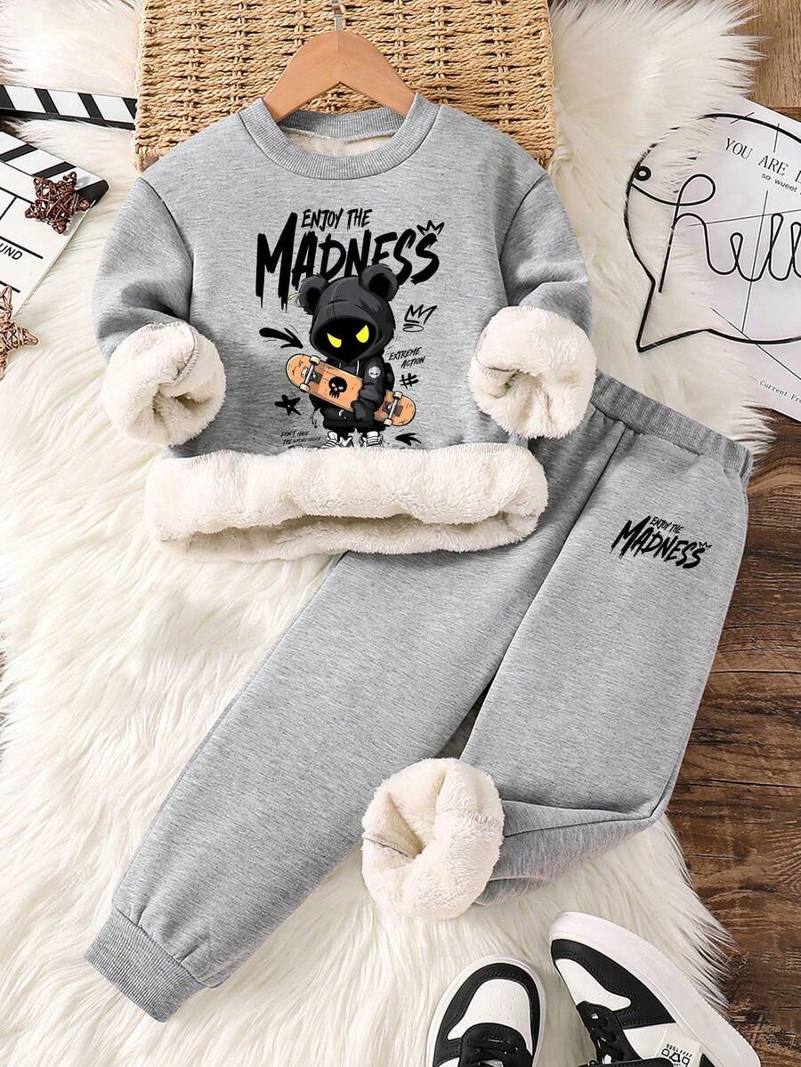 Tween Boy Cartoon Print Warm Crew Neck Sweatshirt And Sweatpants - Grey - View 1