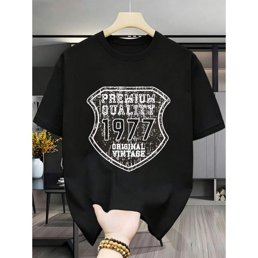 Algodón pesado, hombre, diseño vintage 1977, camiseta - uso diario, ocio - estampado escudo con texto Premium Quality 1977 Original Vintage - Negro - Ver 1