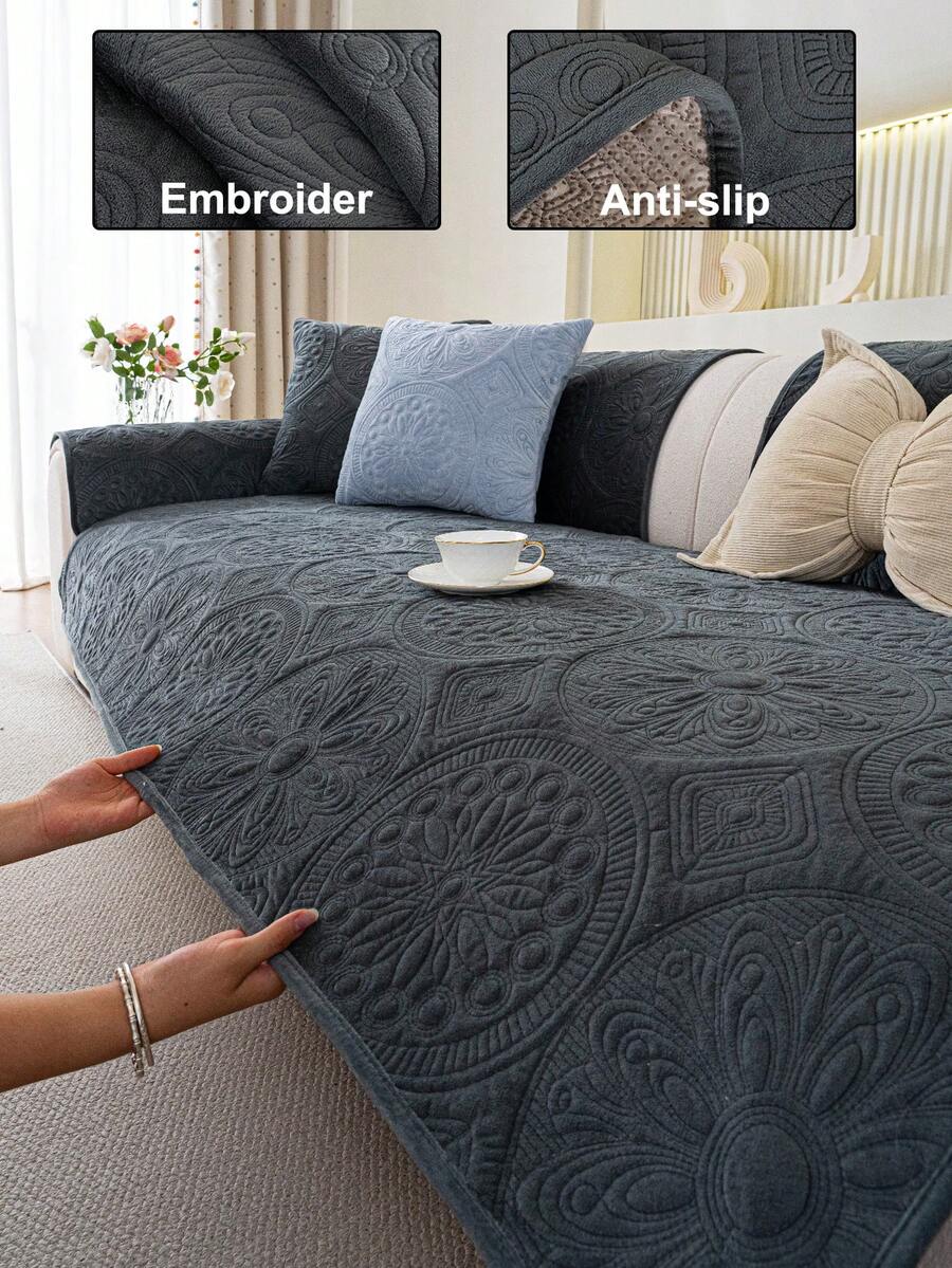 1pc Geometric 3D Solid Color Dutch Velvet Quilted Embroidered Sofa Cushion, Minimalist Style, Non-Slip Back, Pet-Friendly, Soft Multi-Functional Anti-Dirt Anti-Dust, Holiday Decor Sofa Cushion, Backrest Cover Armrest Cover Universal, All-Season Sofa Cover - Dark Grey - View 1