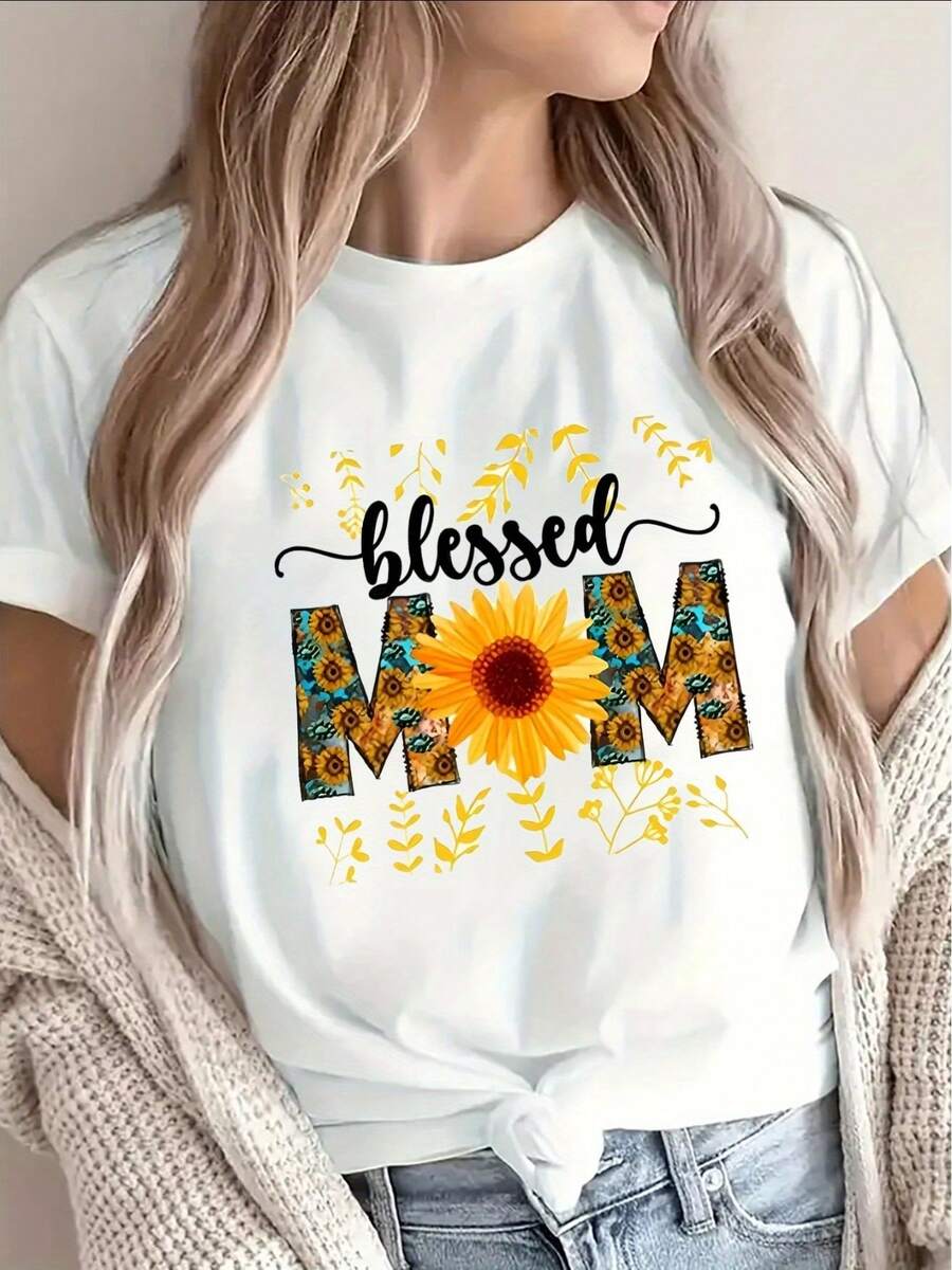 Women's T-Shirt: A Short-Sleeved Black And White T-Shirt With A Sunflower Design, Ideal For Halloween And Christmas. Perfect For Wearing At Home In The Living Room. Tops For Women - 白色 - 查看 1