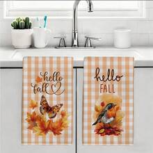 2pcs Autumn Theme Orange Plaid Butterfly Maple Leaf Robin Pattern Kitchen Towels, Rectangular Microfiber Kitchen Towels, Dish Cloths, Scouring Pads, Hand Towels, Cooking Baking Tea Towels, Kitchen Decor, Housewarming Gifts, Birthday Gifts, Bathroom Cleaning Wipes, Decorative Towels - Multicolor - View 10