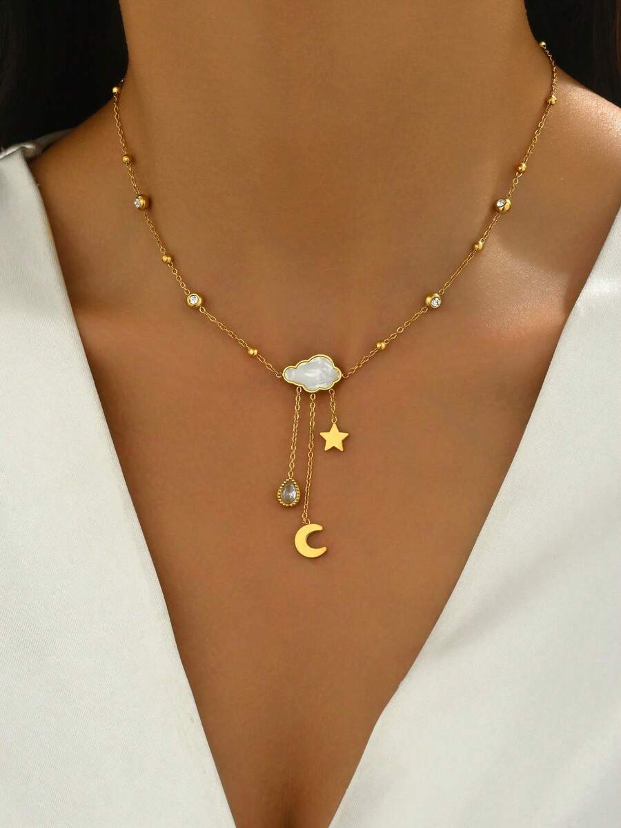 pieza de conjunto de joyas de acero inoxidable chapado en oro de para mujer con circonitaúbica, motivos de luna, estrella, gota de lluvia y nube. - Oro - Ver 1