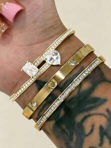 /piezas de pulsera de acero inoxidable chapada en oro de con corazóde diamantes de imitació, brazalete abierto con incrustaciones de cobre y circonita artificial, conjunto de pulse - Oro 8 - Ver 7