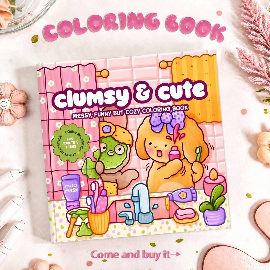 1本《Clumsy Cute Messy》趣味溫馨塗色書，幻想可愛動物浴室日常生活卡通插畫，柔和極簡線條畫頁，適合青少年與成人，正念塗色放鬆藝術練習書，舒適休閒愛好禮物
