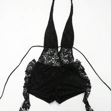 Women's Fashionable Spaghetti Strap Fitted Romper With Semi-Sheer Contrast Lace Camisole, Summer Party Jumpsuit Black - Black - View 9