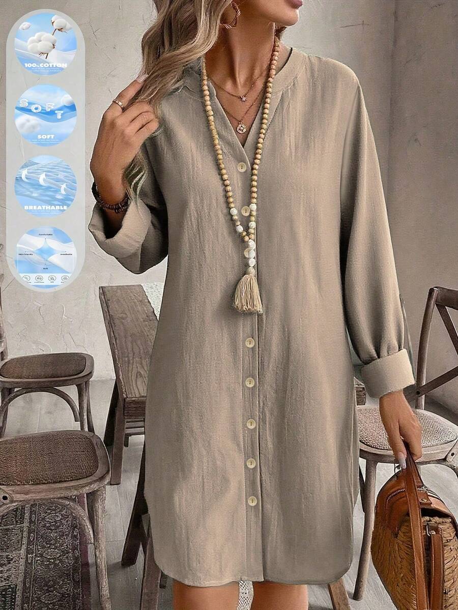 女款秋冬休閒通勤極簡純色鈕扣袖長袖襯衫洋裝 - 藕粉色 - 查看 1
